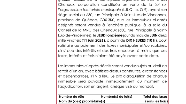 Avis de vente pour défaut de paiement des impôts fonciers