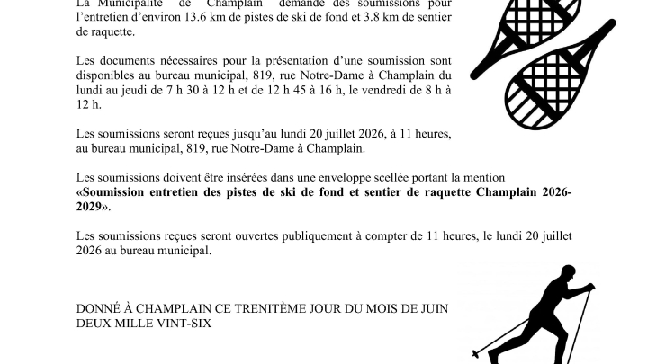 Appel d'offres - Entretien des pistes de ski de fond et de sentiers de raquette