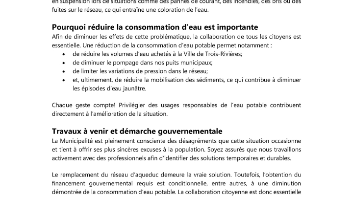 Communiqué à la population - Problématique d'eau jaunâtre - Appel à la collaboration citoyenne