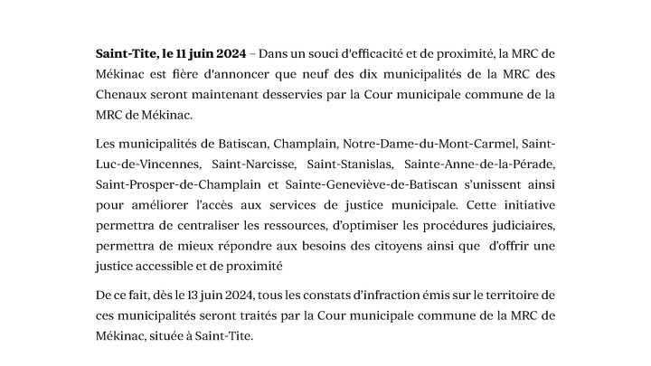 Cour municipale - Nouveauté