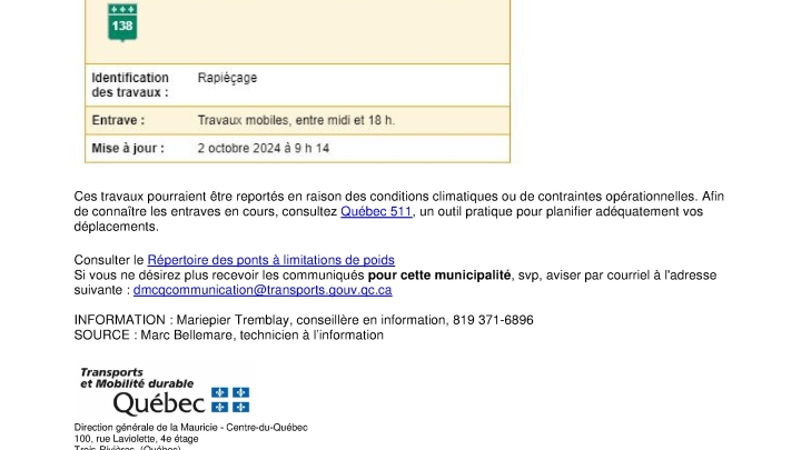 Avis - Ministère des Transports