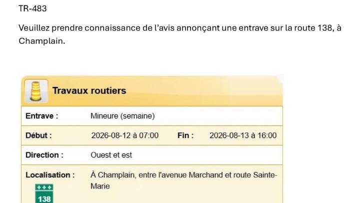 Info-Transports - Entrave sur route 138
