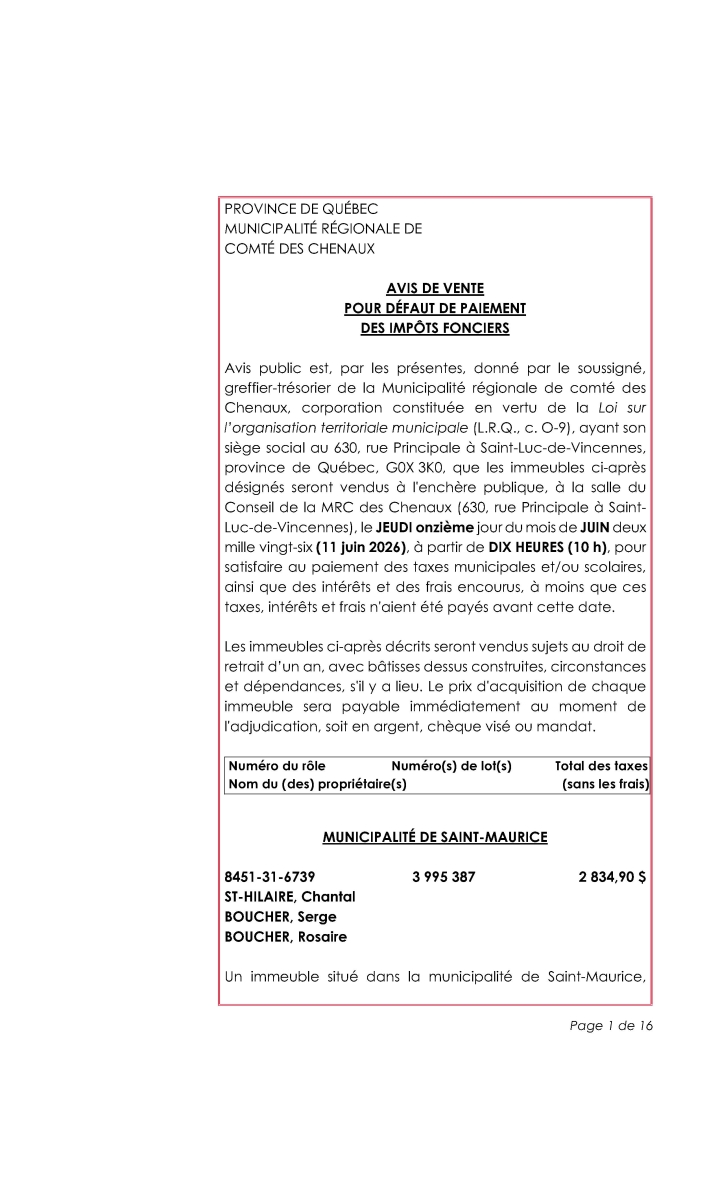 Avis de vente pour défaut de paiement des impôts fonciers