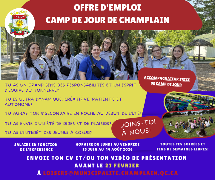 Offre d'emploi Accompagnatrice camp de jour 2026