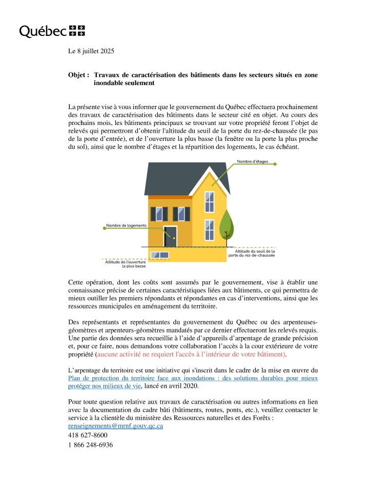 Gouvernement du Québec : travaux de caractérisation des bâtiments dans les secteurs situés en zone inondable seulement