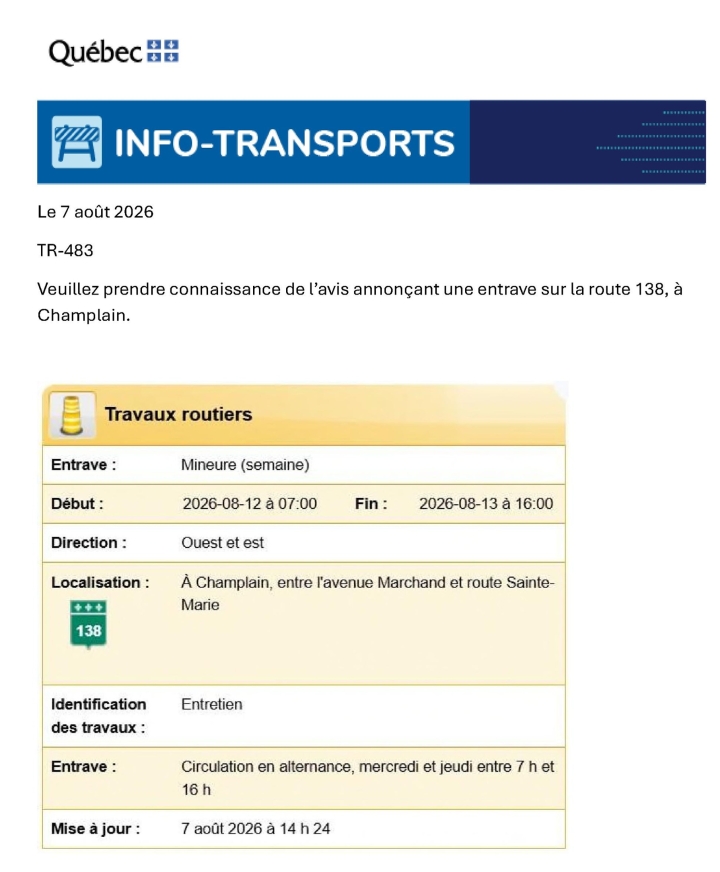 Info-Transports - Entrave sur route 138