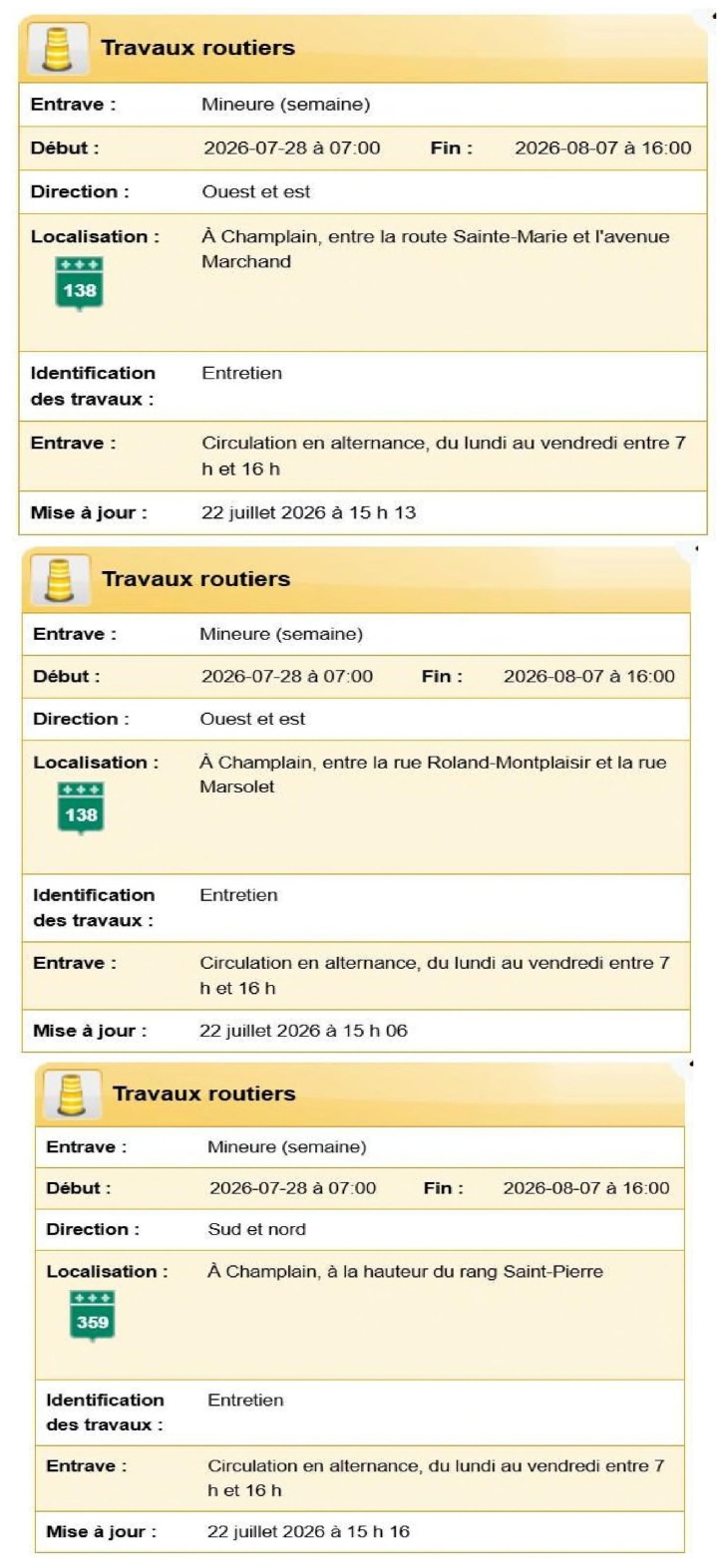 Entraves routes 138 et 359 à Champlain