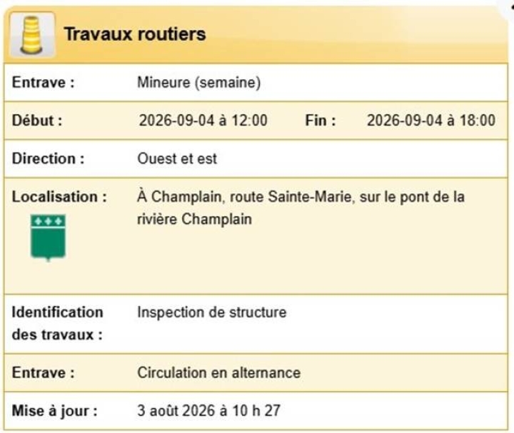 Info-Transport - Entrave sur la route Ste-Marie